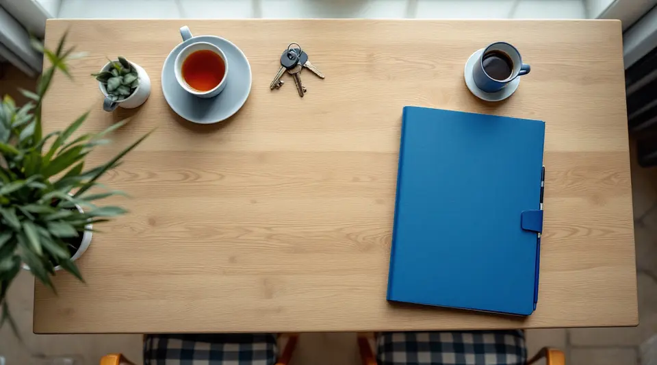 Een houten eettafel van bovenaf met een blauwe documentenmap, een pen, huissleutels en thee