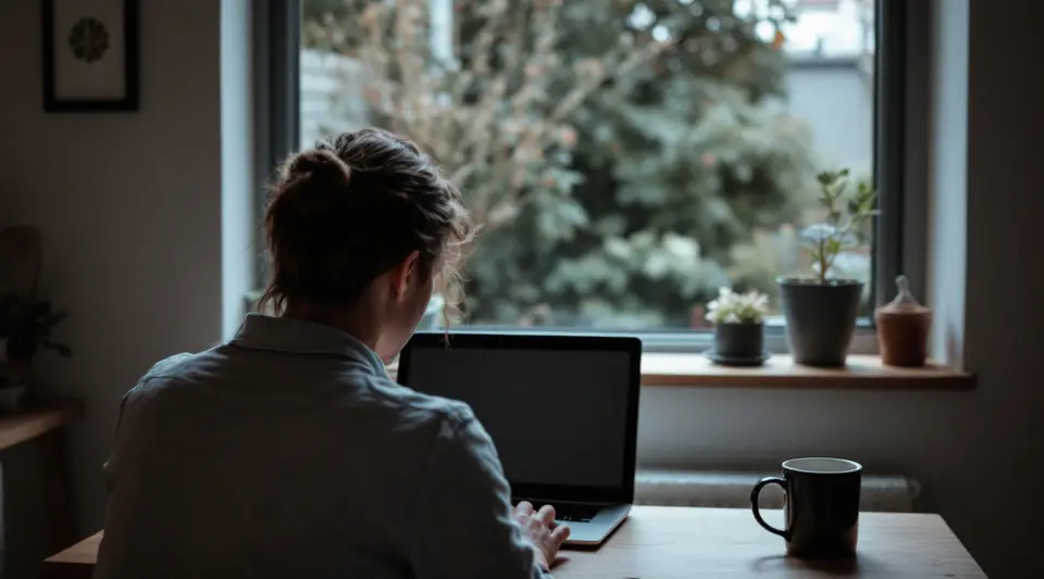 Iemand aan de keukentafel achter een laptop, van achteren gezien, met uitzicht op een kleine achtertuin