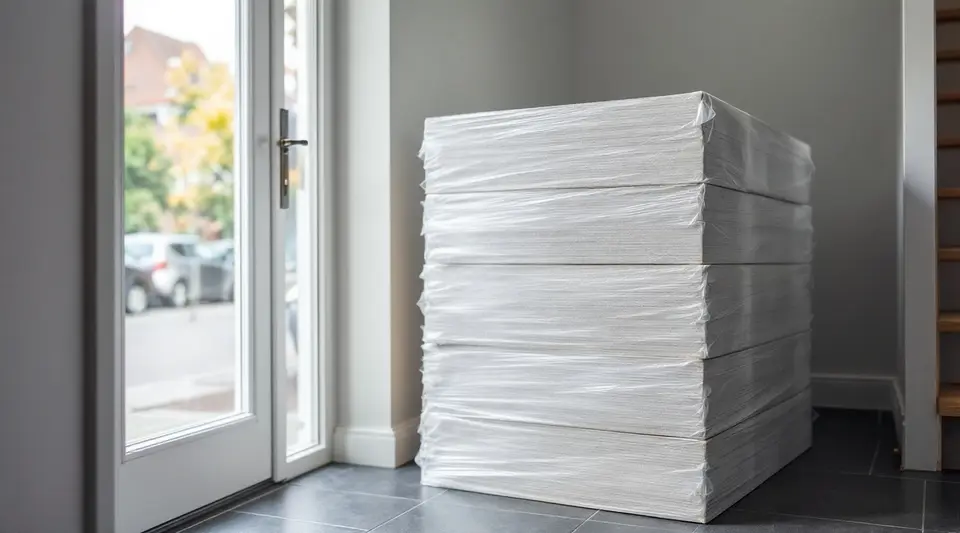 Een stapel nieuwe isolatieplaten in folie staat in de gang van een rijtjeshuis, klaar om te worden aangebracht
