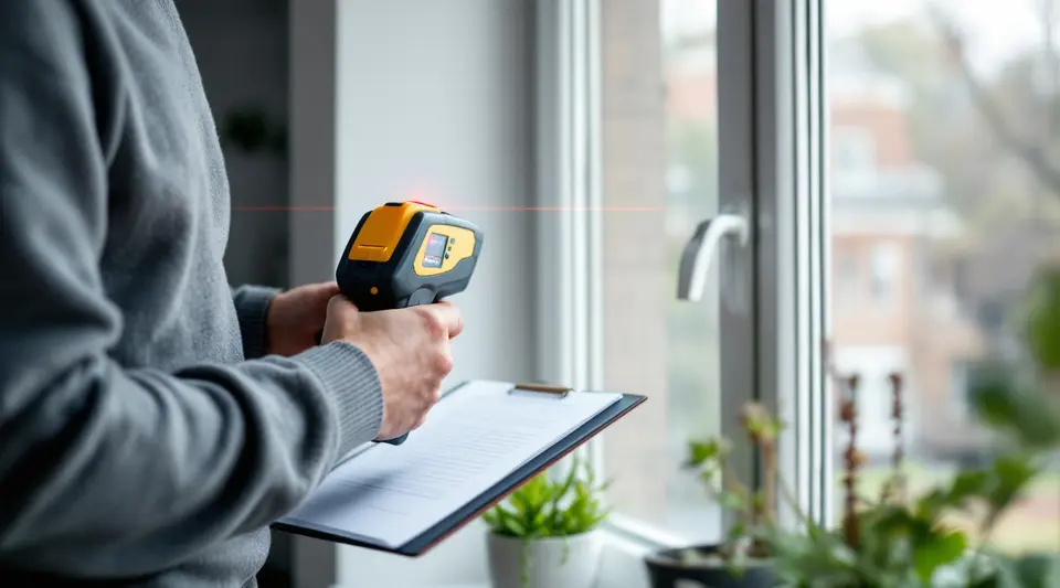 Een energieadviseur in een grijze trui meet met een laserafstandsmeter een raamkozijn op, met een klembord in de hand
