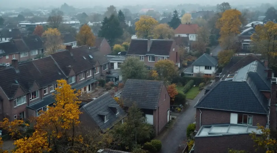 Een Nederlandse woonwijk van bovenaf in de herfst, met rijtjeshuizen, vrijstaande huizen en platte daken uit verschillende jaren