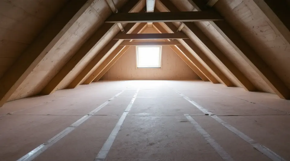 Een lege, afgewerkte zolder onder een schuin dak met houten spanten en een dakraam