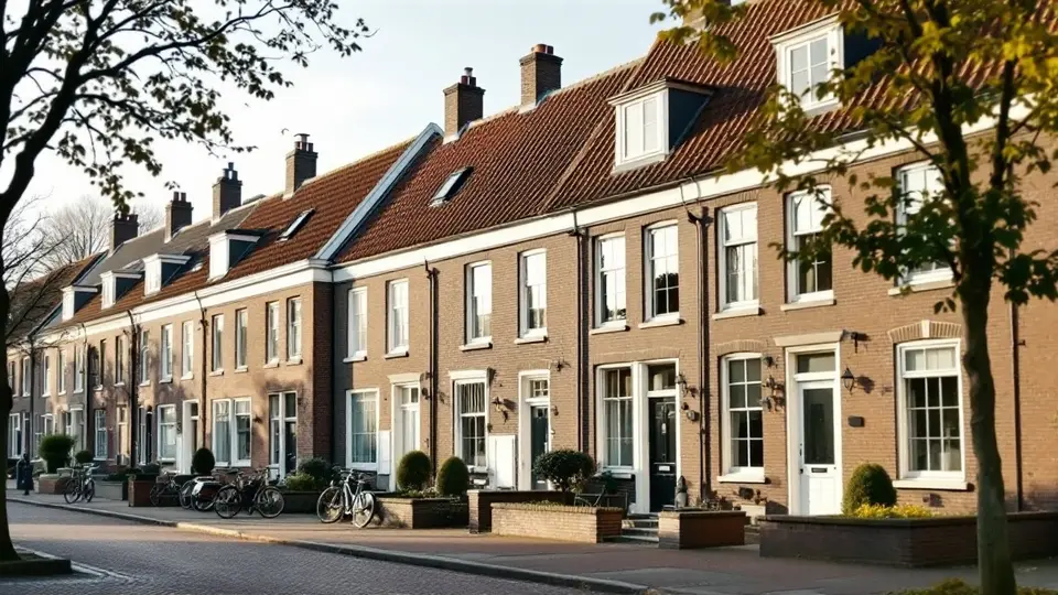 Een Nederlandse straat met bakstenen rijtjeshuizen uit de jaren dertig, met dakkapellen, witte kozijnen, lage muurtjes voor de deur en fietsen op de stoep