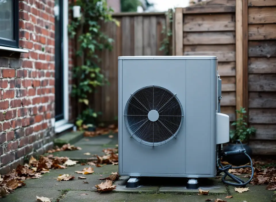 Een grijze buitenunit van een warmtepomp zonder merk in een kleine achtertuin, tegen een bakstenen muur en een houten schutting